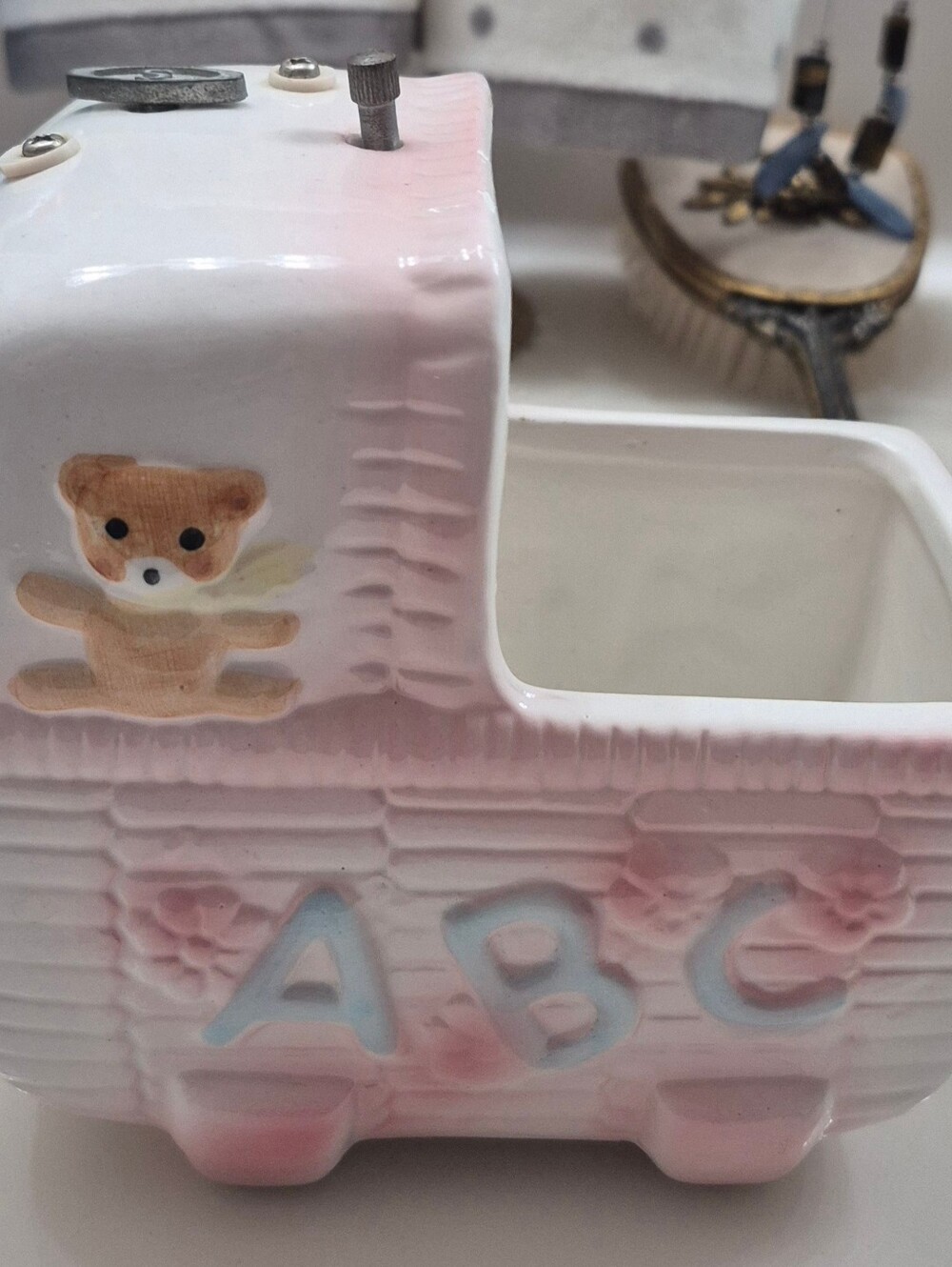 Ceramic Pink ABC Baby Pottery Caddy with Teddy & Music Box 1985 Nancy PEW